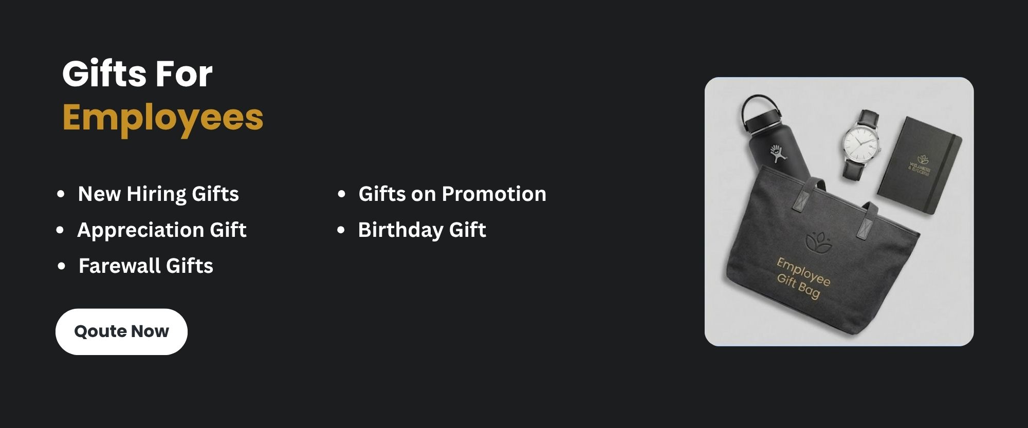 Hero banner for employee appreciation gifts featuring a premium black gift box with a customized bottle, notebook, and mug.