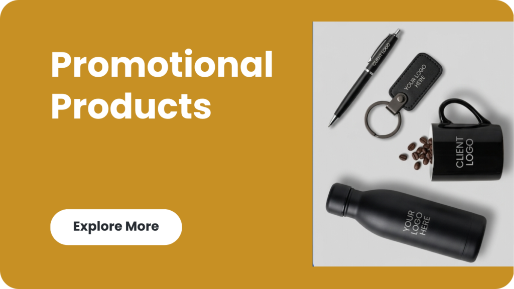 Customized promotional products banner showcasing branded corporate giveaways like mugs, pens, and notebook sets.