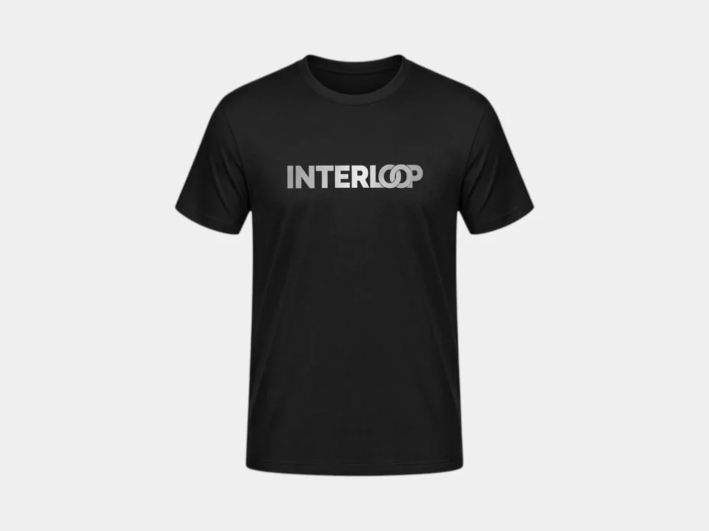 Black corporate branded T-shirt with Interloop logo for promotional giveaways