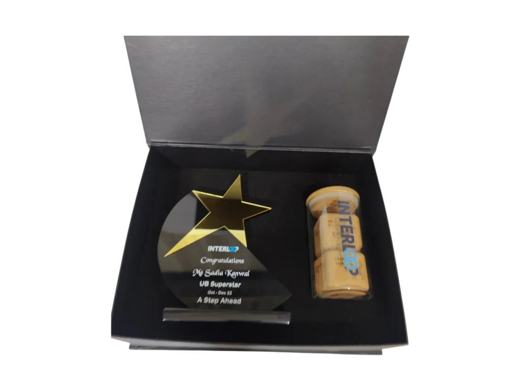 Custom employee recognition award set with a star-shaped acrylic trophy and branded desktop accessories.