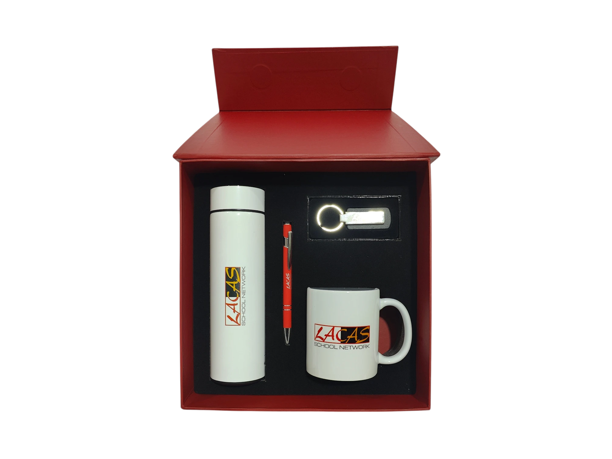 Professional LACAS branded gift set in a maroon presentation box with personalized stationery and drinkware.