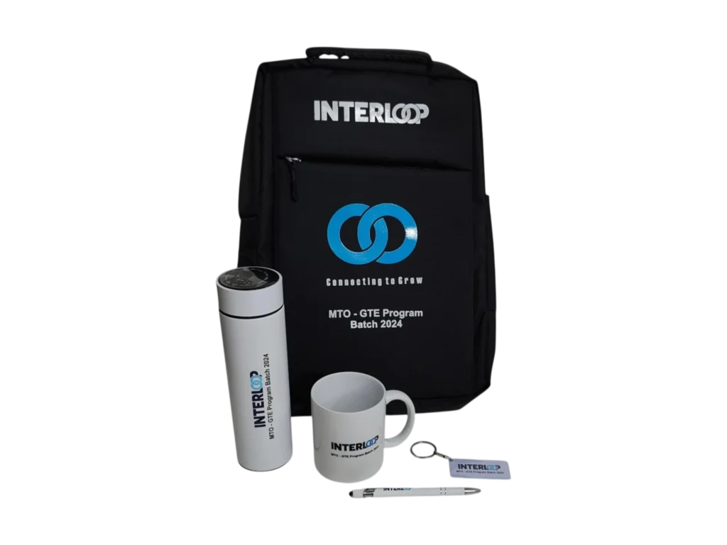 Employees gift bag including customized 500ml white stainless steel sports water bottle with a white cup and personalized company logo keychain.