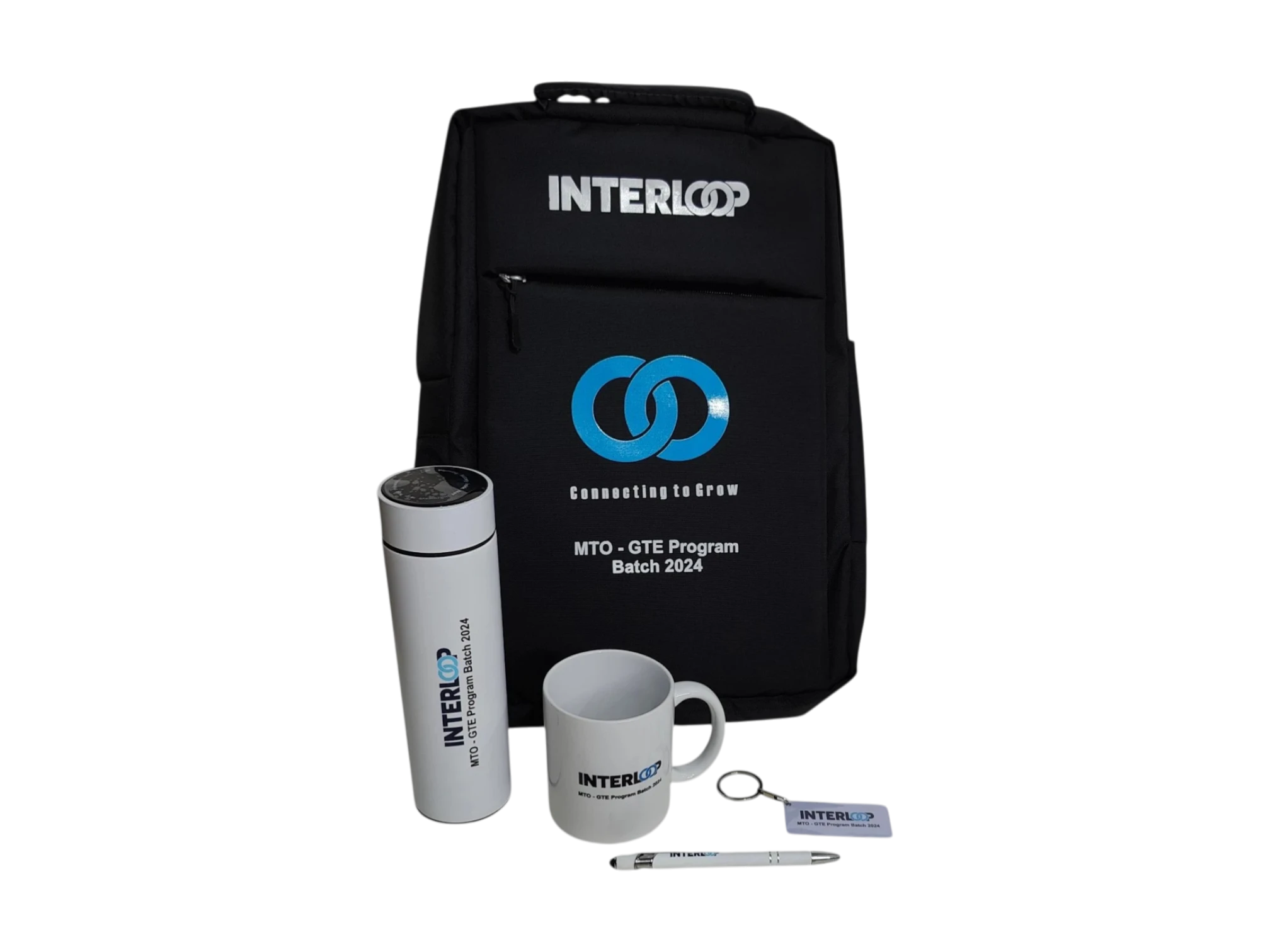Employees gift bag including customized 500ml white stainless steel sports water bottle with a white cup and personalized company logo keychain.
