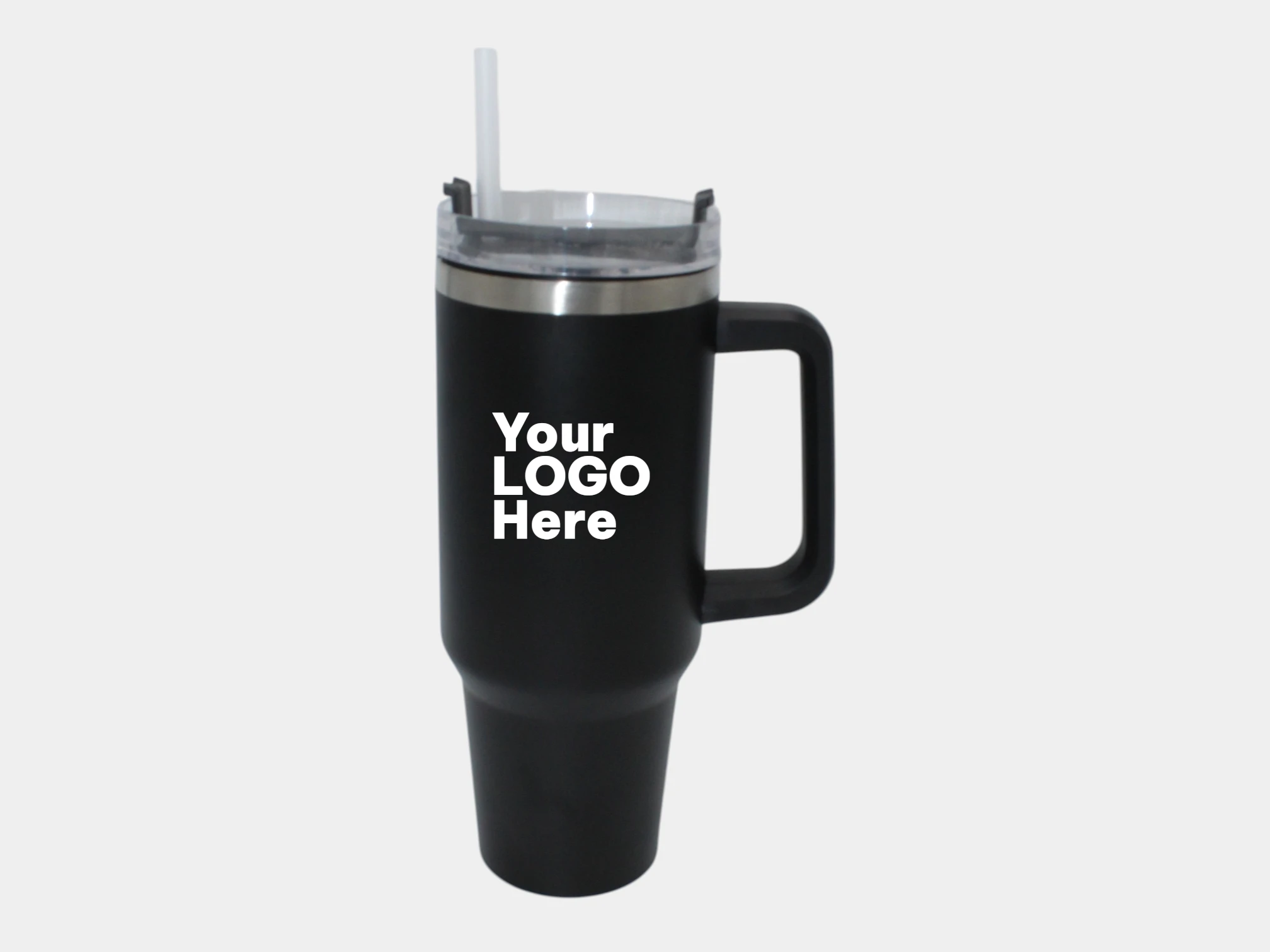 Customized black thermal tumbler with handle and straw for corporate branding.