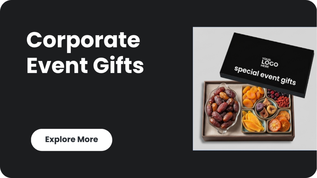 Customized corpoate event gift boxes banner showcasing branded corporate gifts box include differnet products like mango, Date etc.