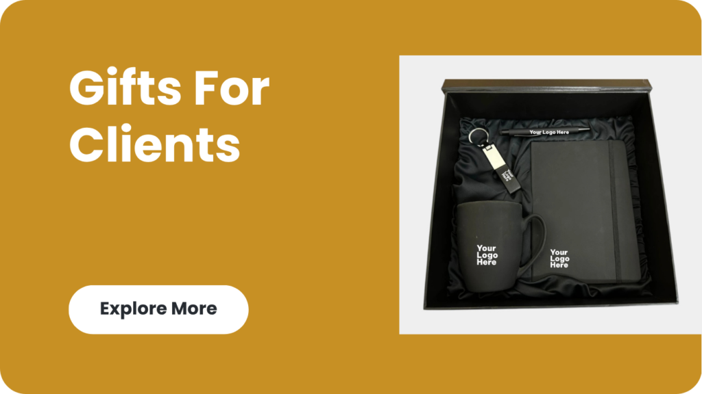 Corporate gifts for Client and Customer banner showing a professional black gift set including a branded notebook, usb, keychain and Pen.