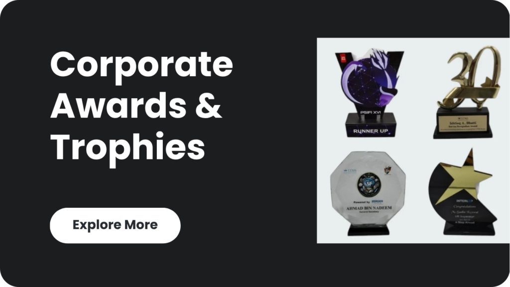 Customized corporate awards and trophies banner featuring a star-shaped glass award and premium gift packaging.