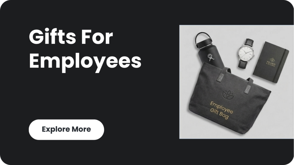 Corporate gifts for employees banner showing a professional black gift set including a branded notebook, bottle, and keychain.