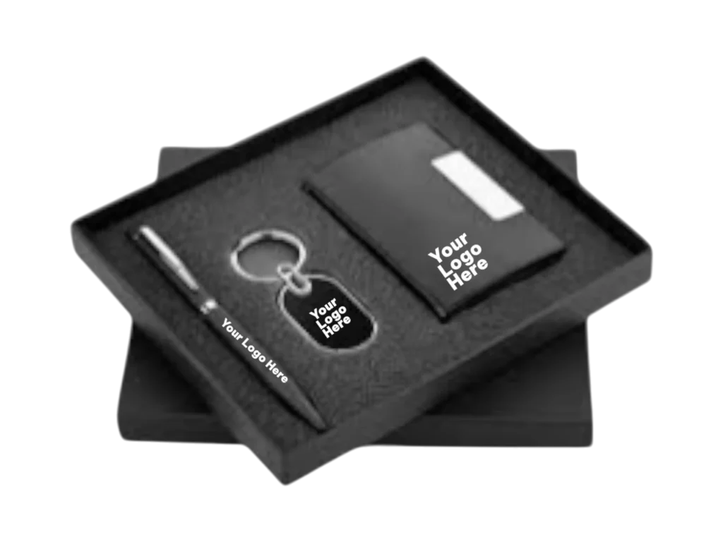 3-piece personalized office gift set with a branded pen, keychain, and leather card holder in a gift box.