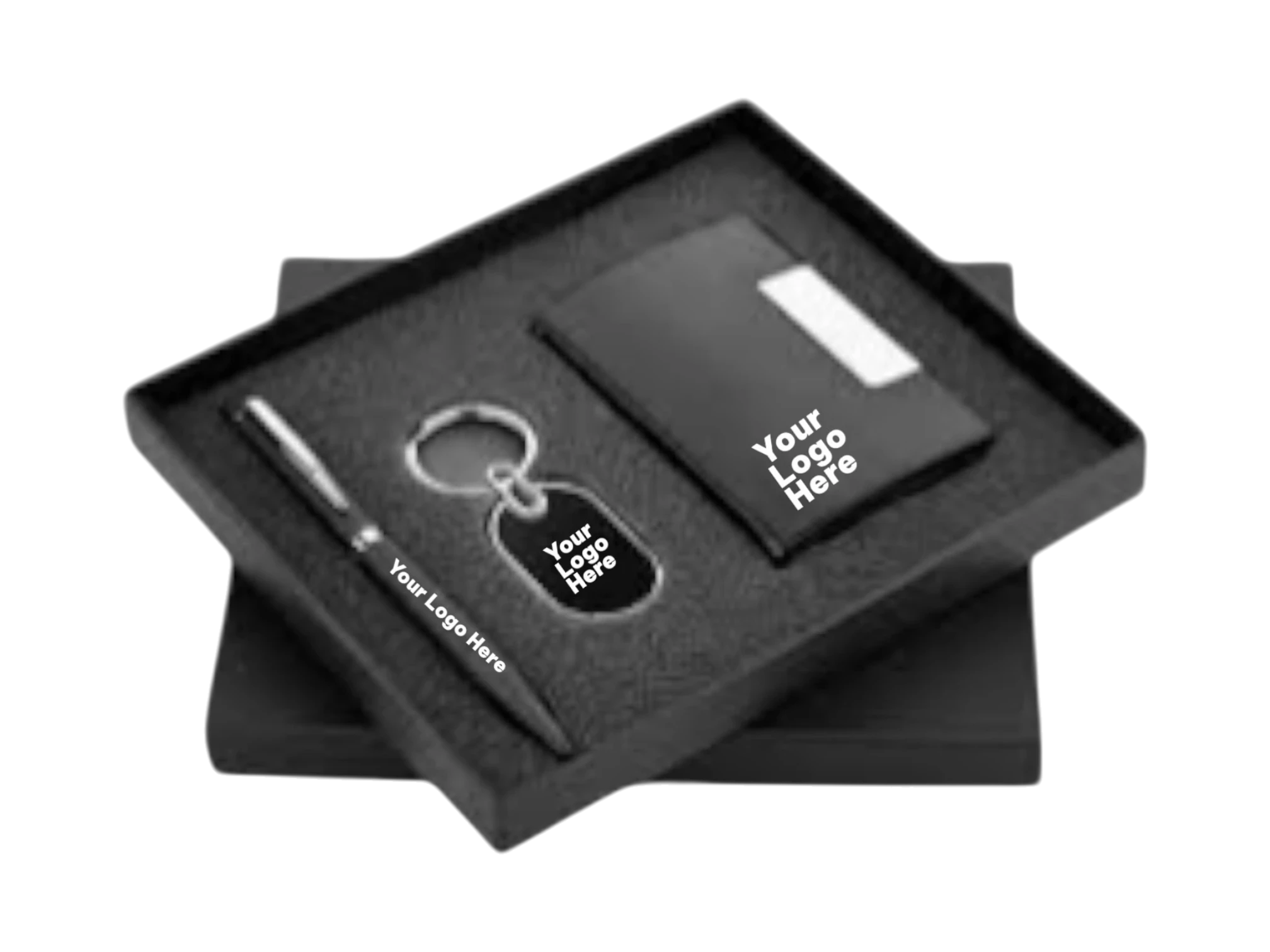 3-piece personalized office gift set with a branded pen, keychain, and leather card holder in a gift box.