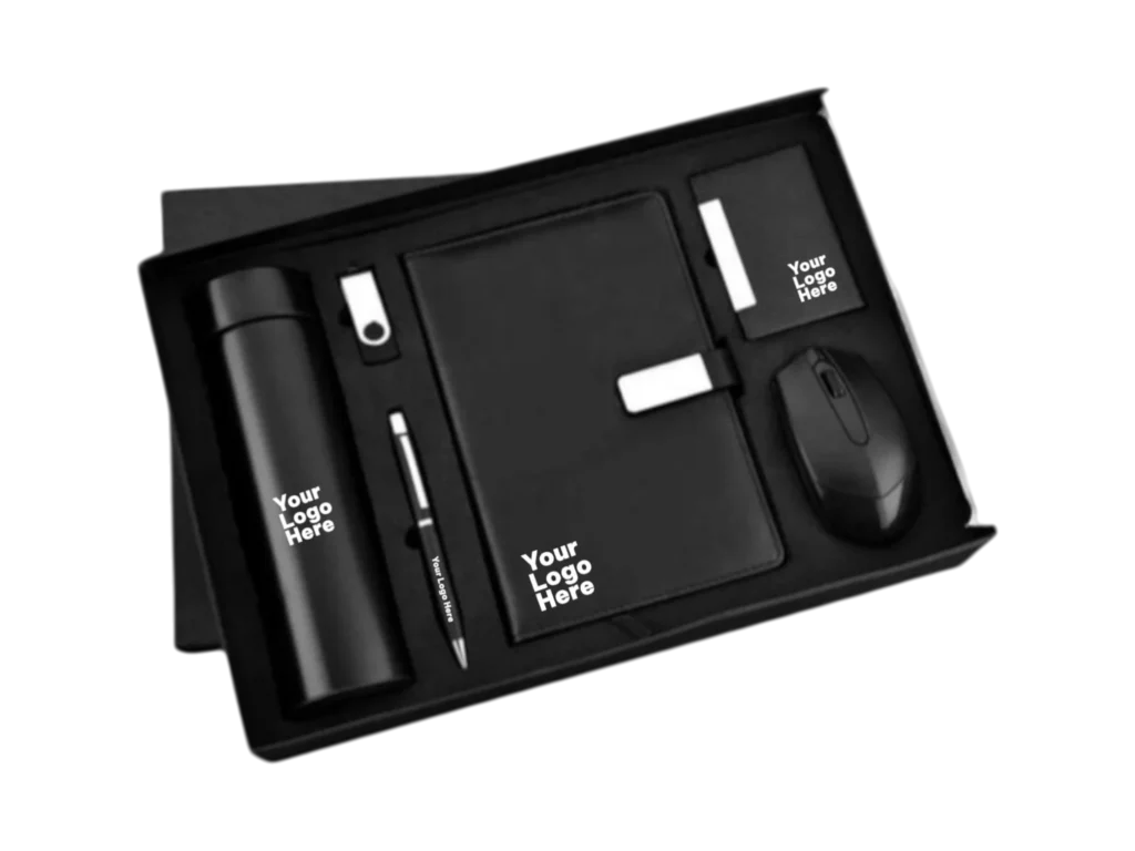 Luxury 6-piece corporate gift hamper featuring a water bottle, notebook, pen, wireless mouse, USB drive, and card holder.