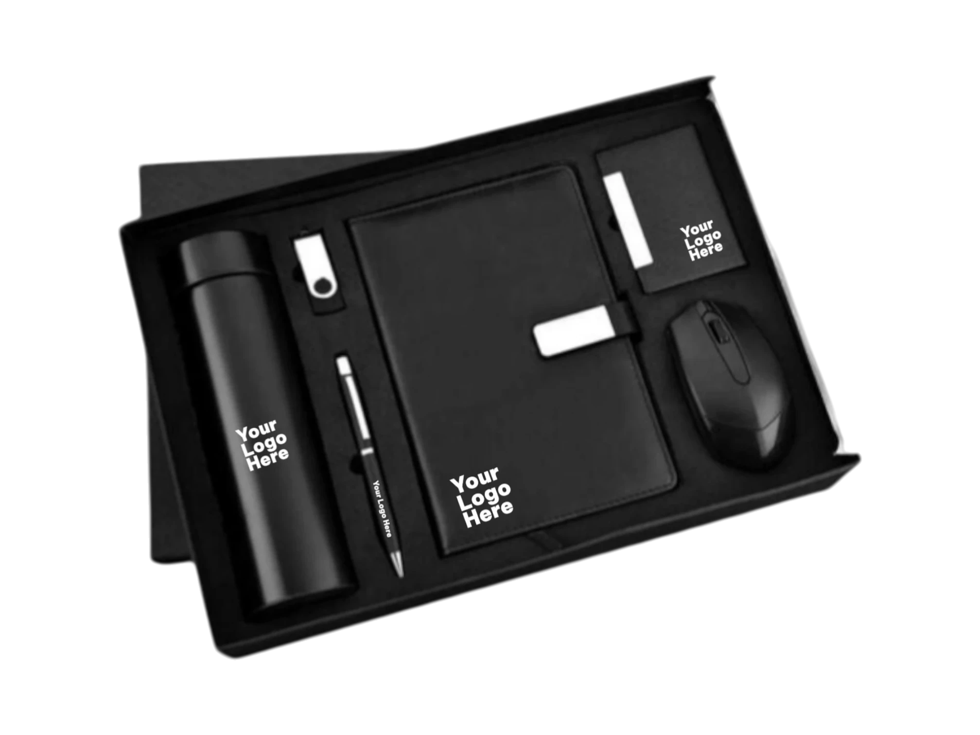 Luxury 6-piece corporate gift hamper featuring a water bottle, notebook, pen, wireless mouse, USB drive, and card holder.