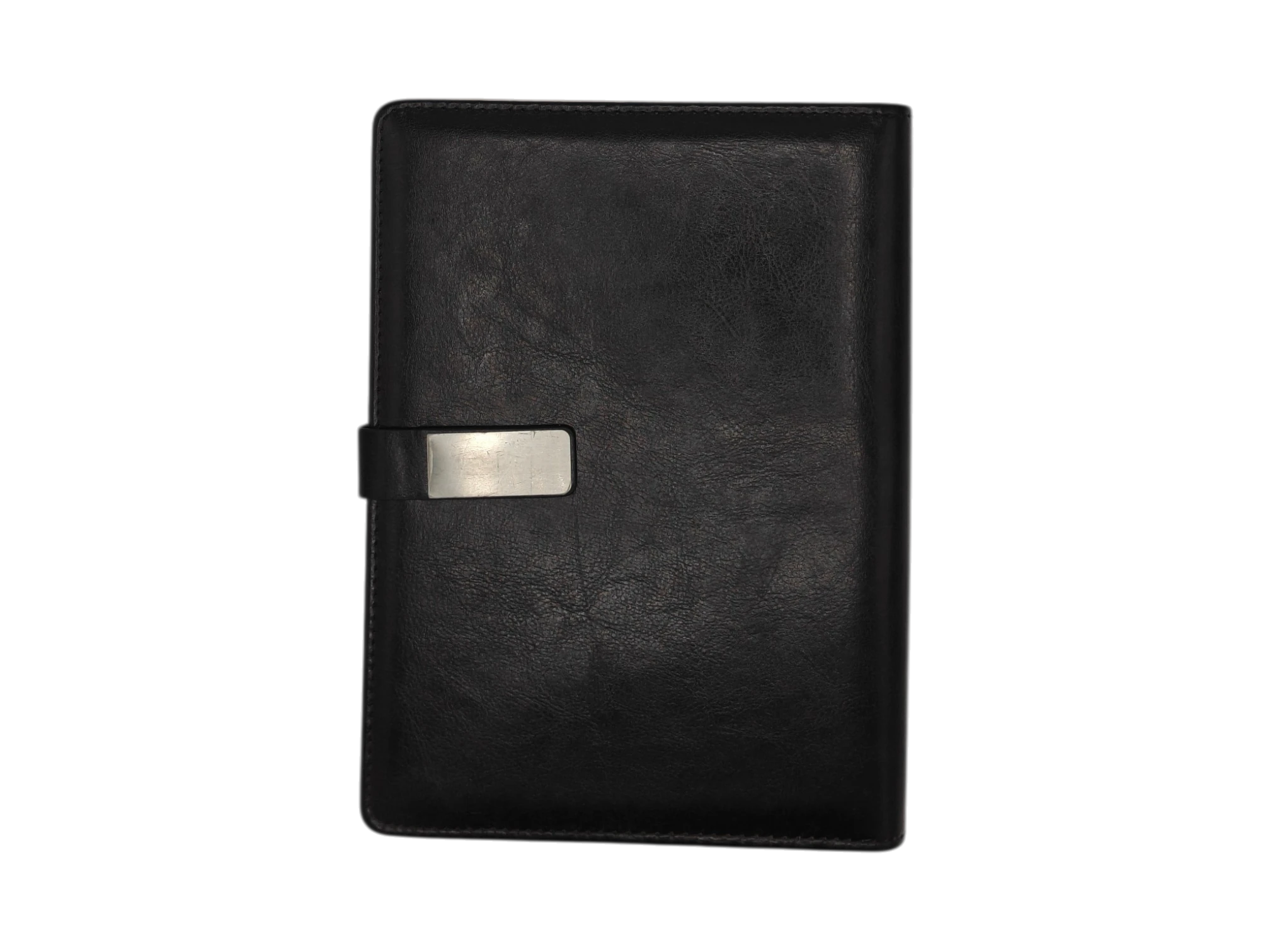 Black leather hardcover notebook with silver magnetic clasp for executive corporate gifting