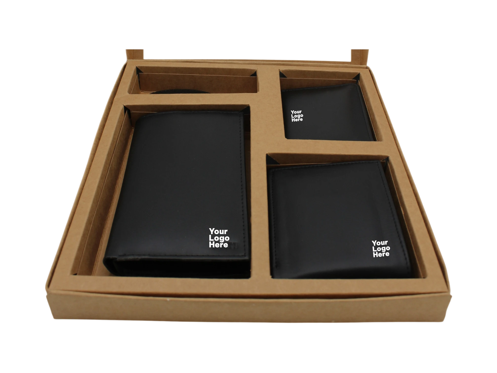Black leather corporate gift set with passport holder, wallet and card holder in kraft box