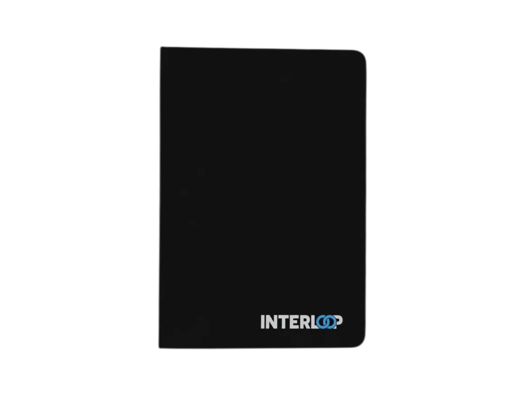 Matte black softcover custom branded notebook with Interloop logo for corporate gifting