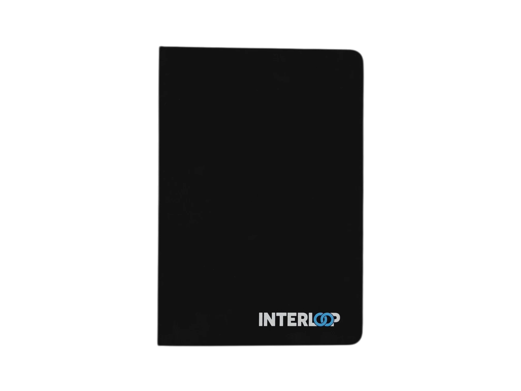 Matte black softcover custom branded notebook with Interloop logo for corporate gifting