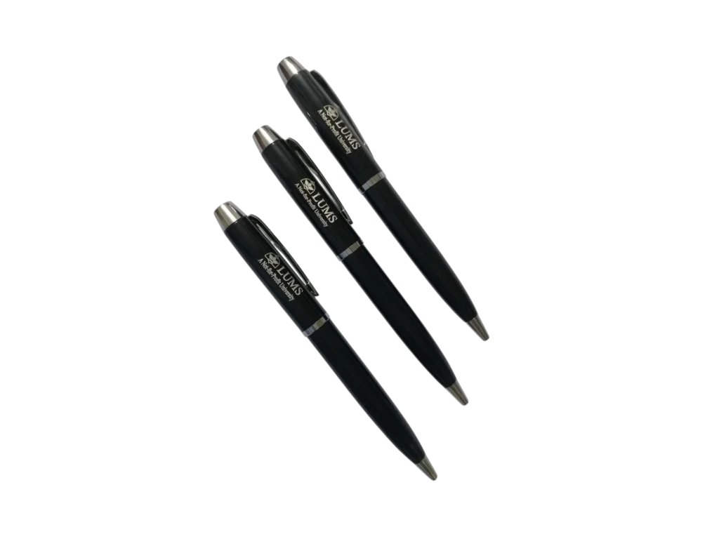 Set of three matte black branded pens with silver trim for corporate gifting