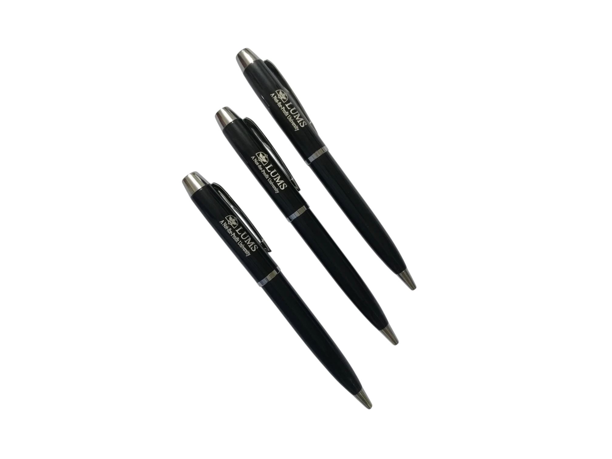 Set of three matte black branded pens with silver trim for corporate gifting