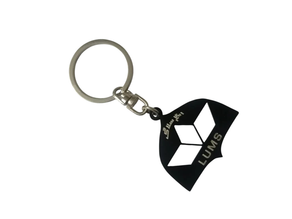 Die-cut brass and silver dome shaped LUMS logo keychain bulk set