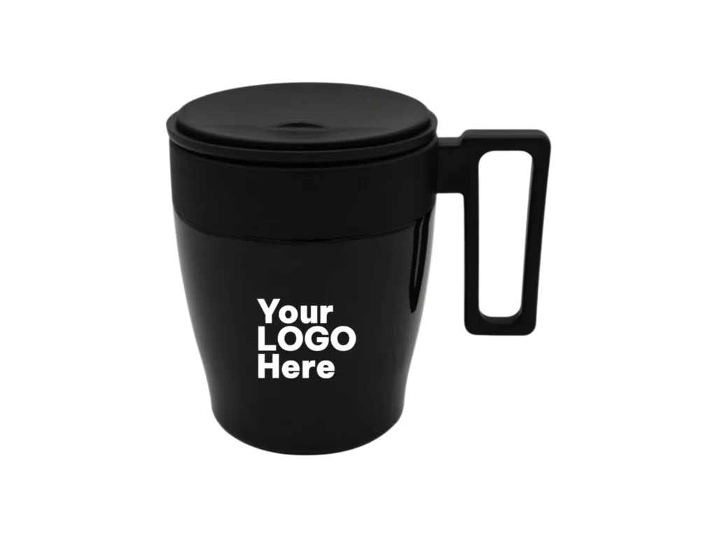 Custom logo black travel mug with square handle for corporate gifts