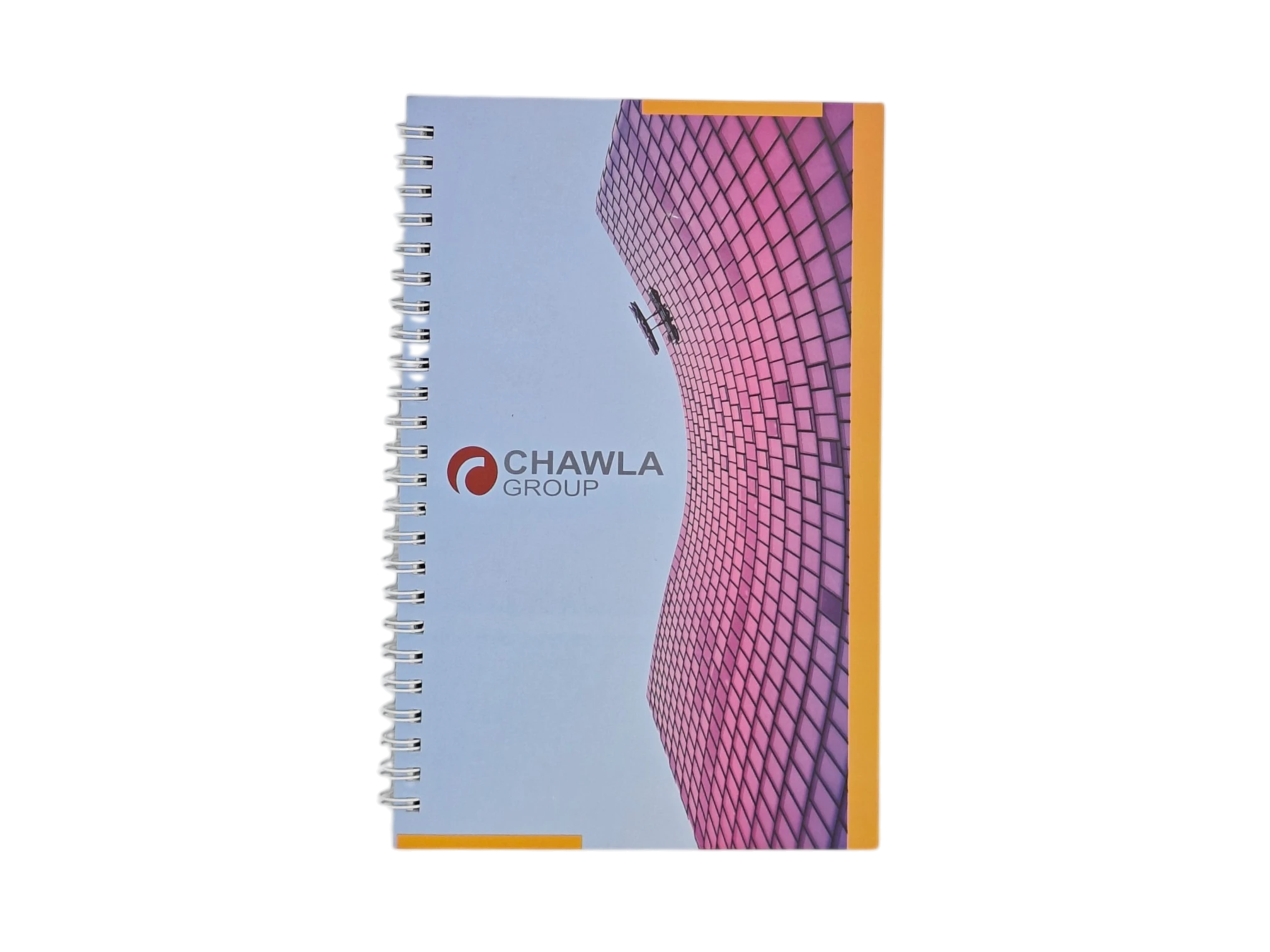 Custom branded spiral notebook with architectural print for Chawla Group corporate gifting