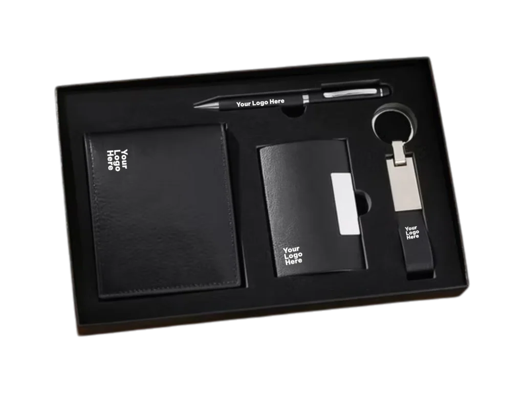 Black corporate gift set with notebook, card holder, pen and keychain in black box