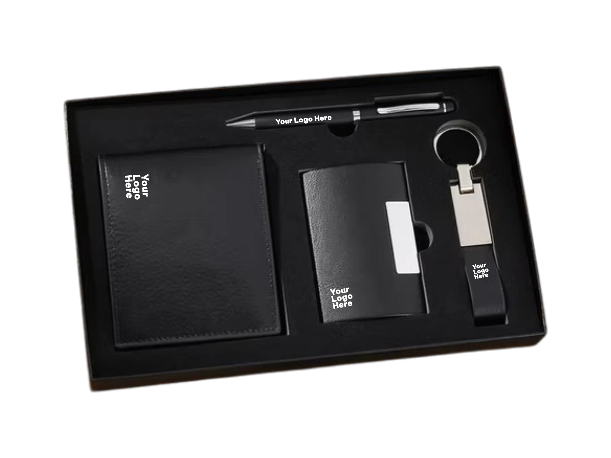 Black corporate gift set with notebook, card holder, pen and keychain in black box