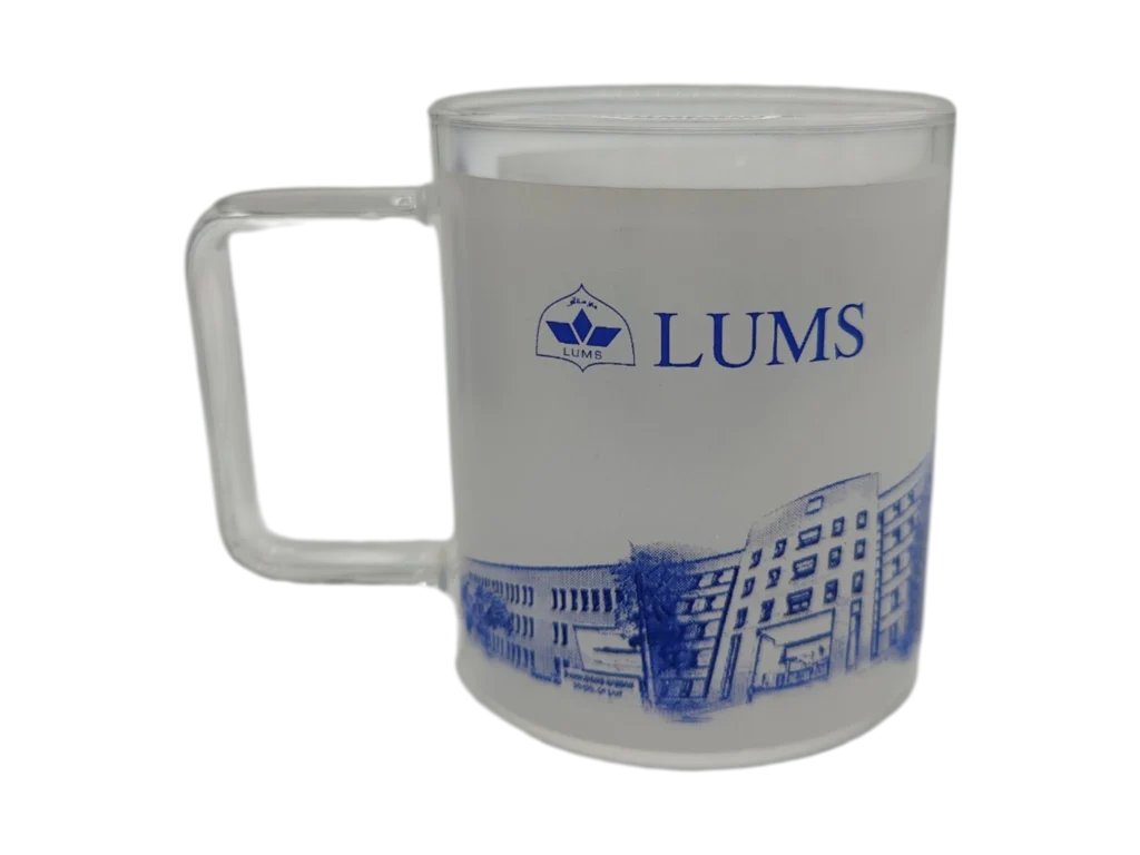 Custom frosted glass corporate mug with blueprint campus print and square handle