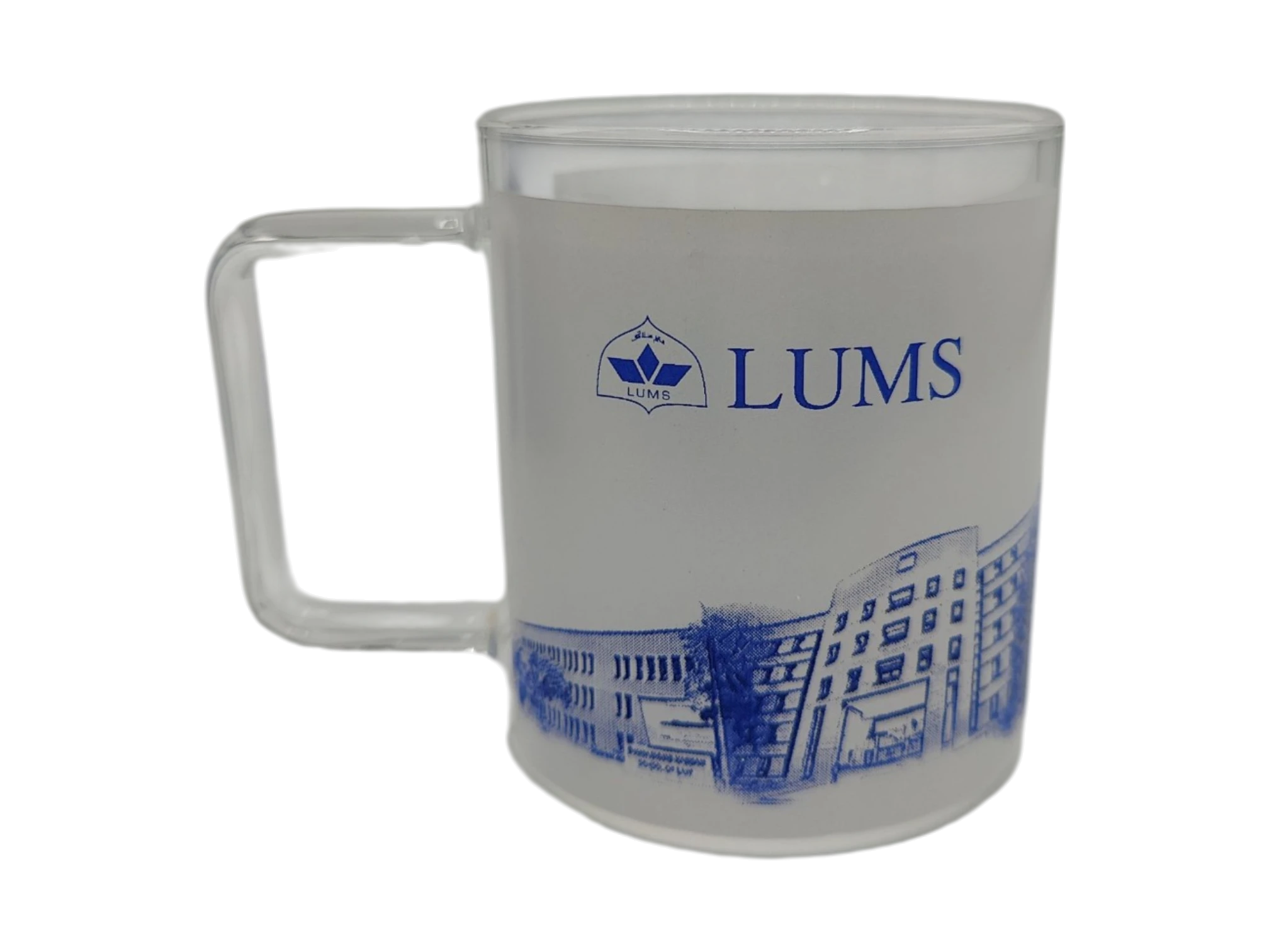Custom frosted glass corporate mug with blueprint campus print and square handle