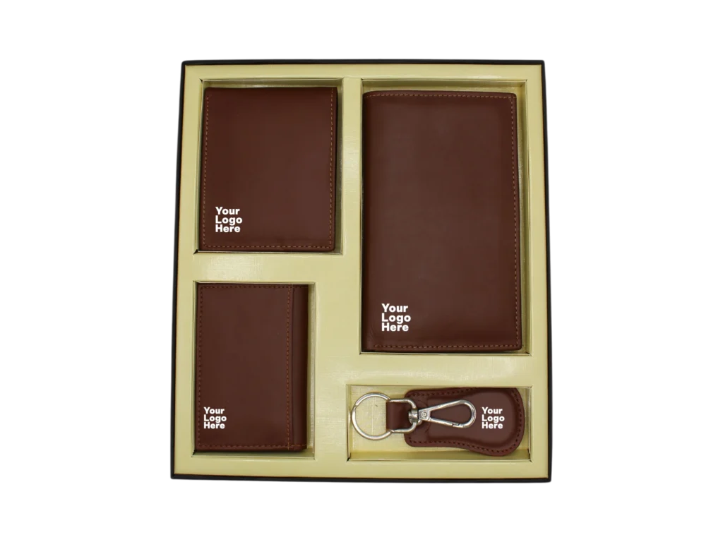 Brown leather corporate gift set with wallet, passport holder, card holder and keychain