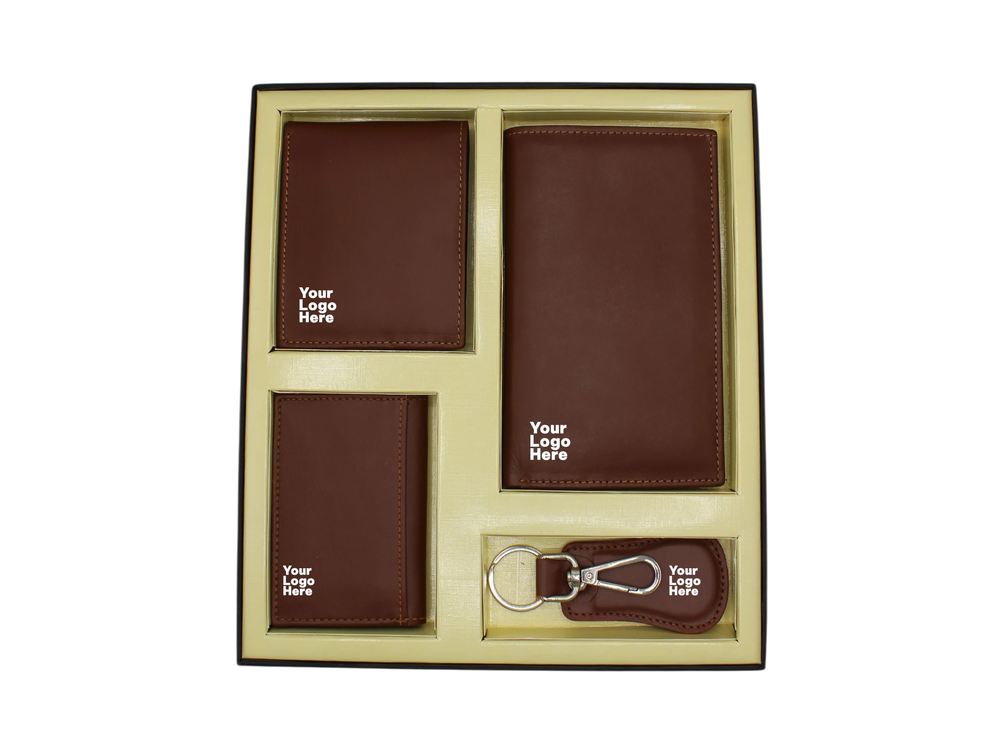 Brown leather corporate gift set with wallet, passport holder, card holder and keychain