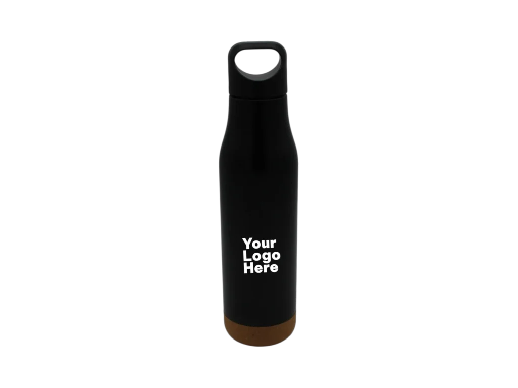 Custom logo black water bottle with cork base for eco-friendly corporate gifts