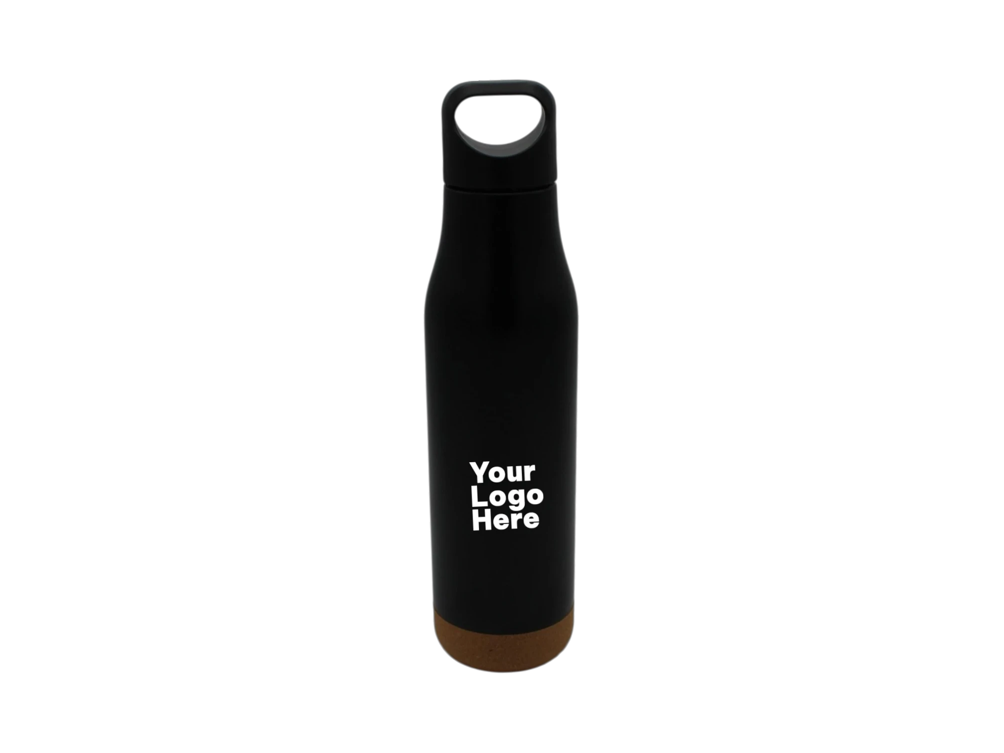 Custom logo black water bottle with cork base for eco-friendly corporate gifts