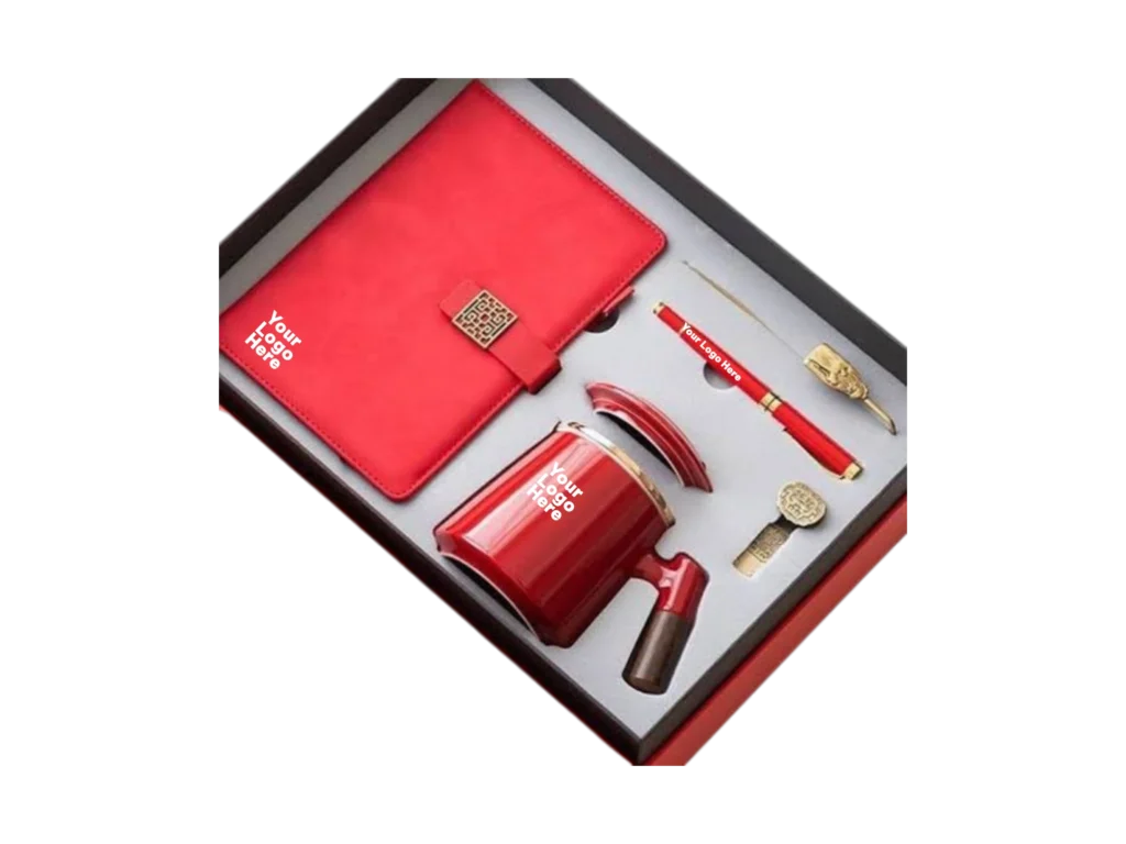 Red and gold luxury corporate gift set with notebook, tea mug and pen in gift box