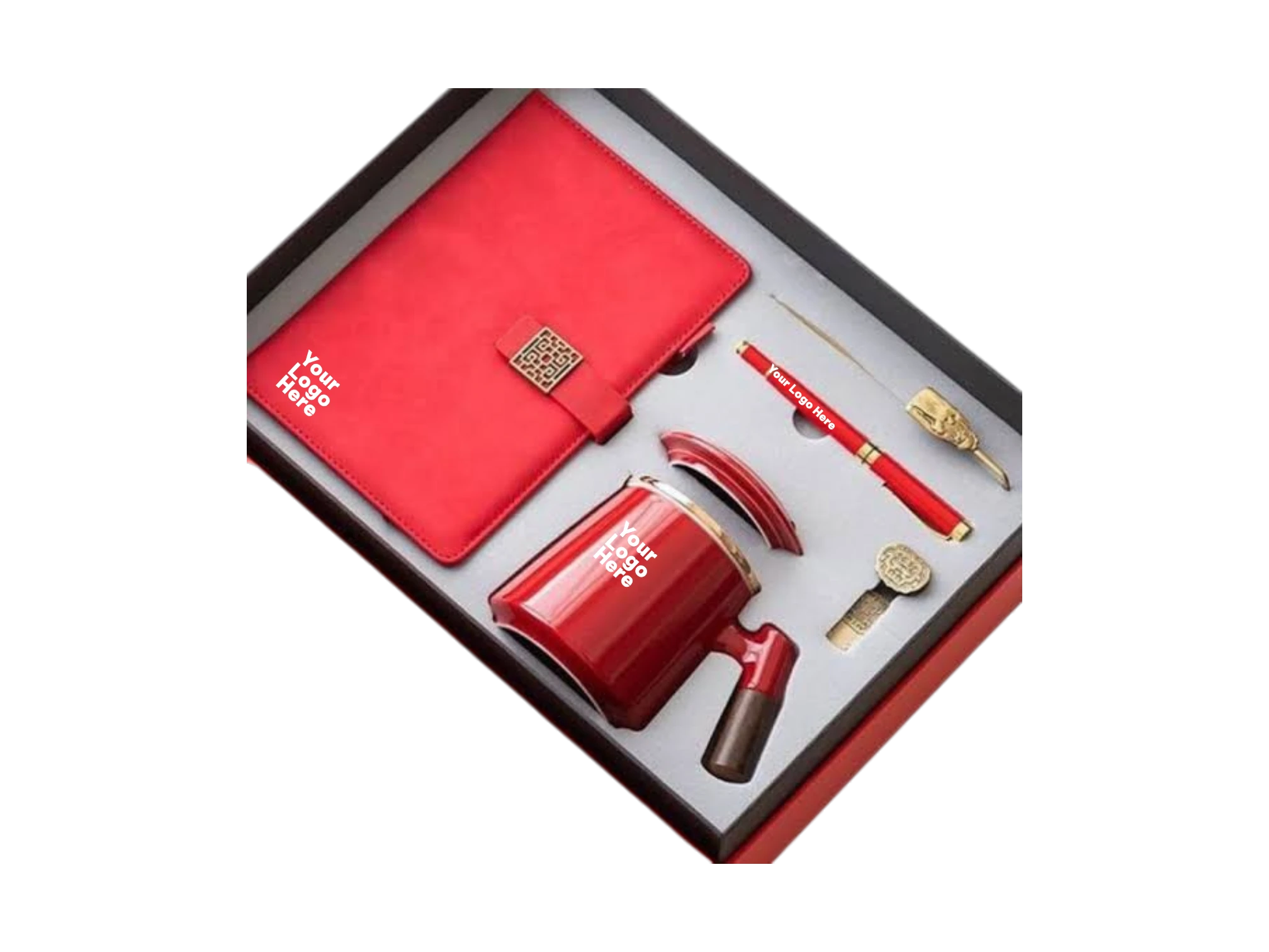 Red and gold luxury corporate gift set with notebook, tea mug and pen in gift box