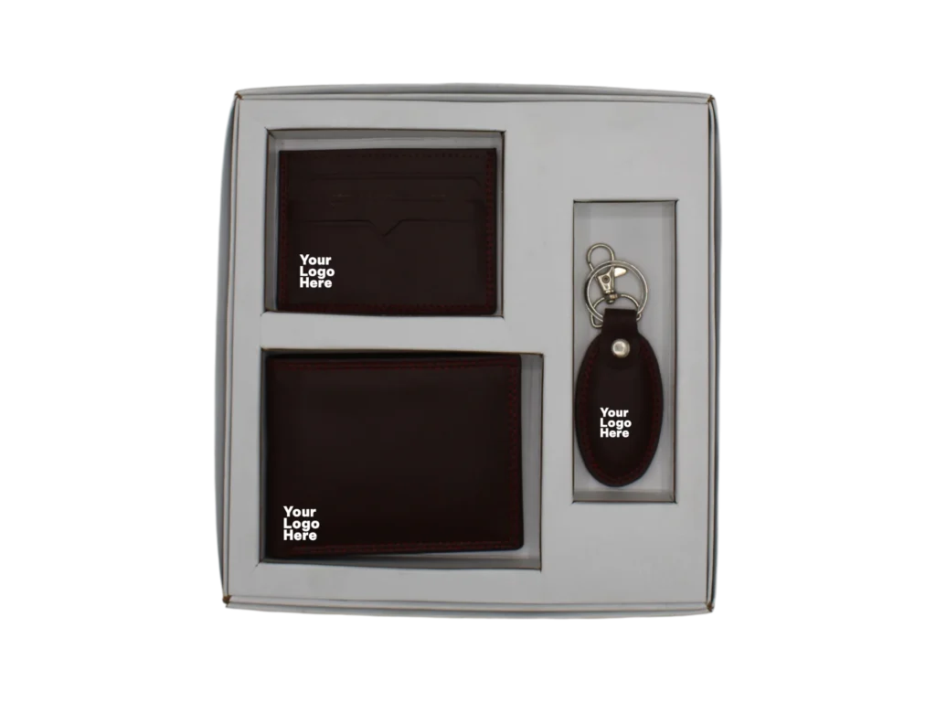 Dark brown leather corporate gift set with wallet, card holder and keychain in white box