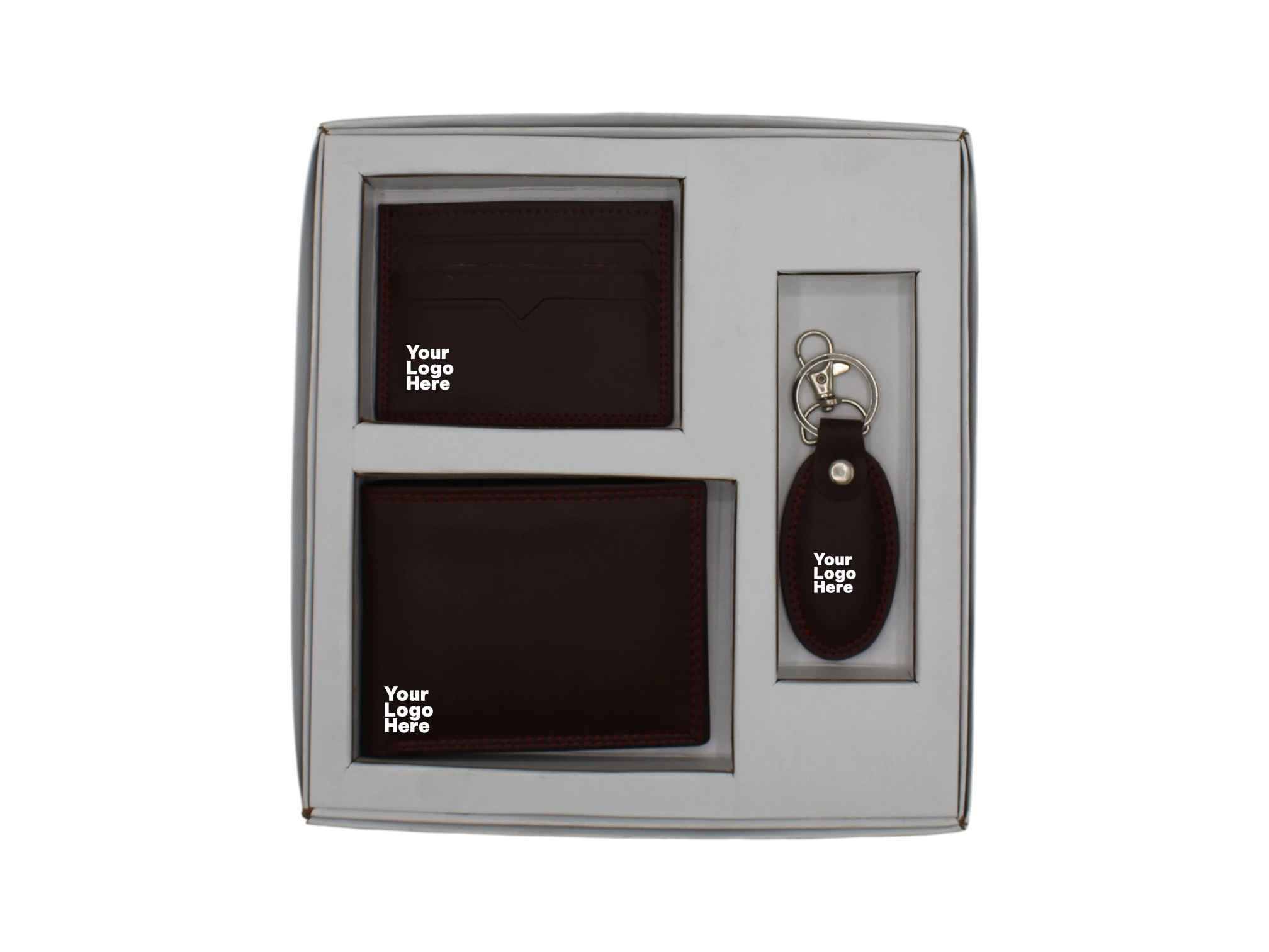 Dark brown leather corporate gift set with wallet, card holder and keychain in white box