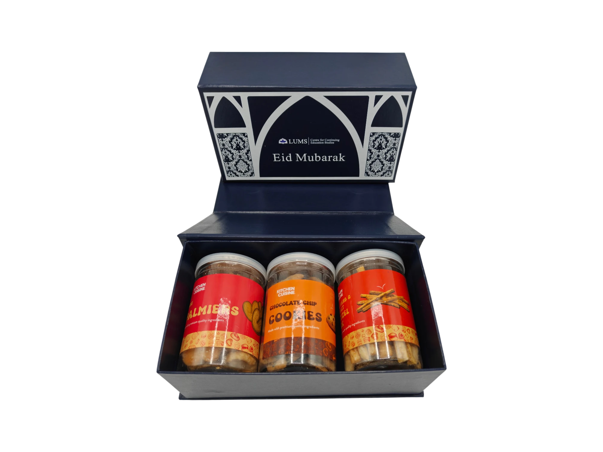 Eid Mubarak corporate gift box with three jars of cookies and snacks in navy blue packaging