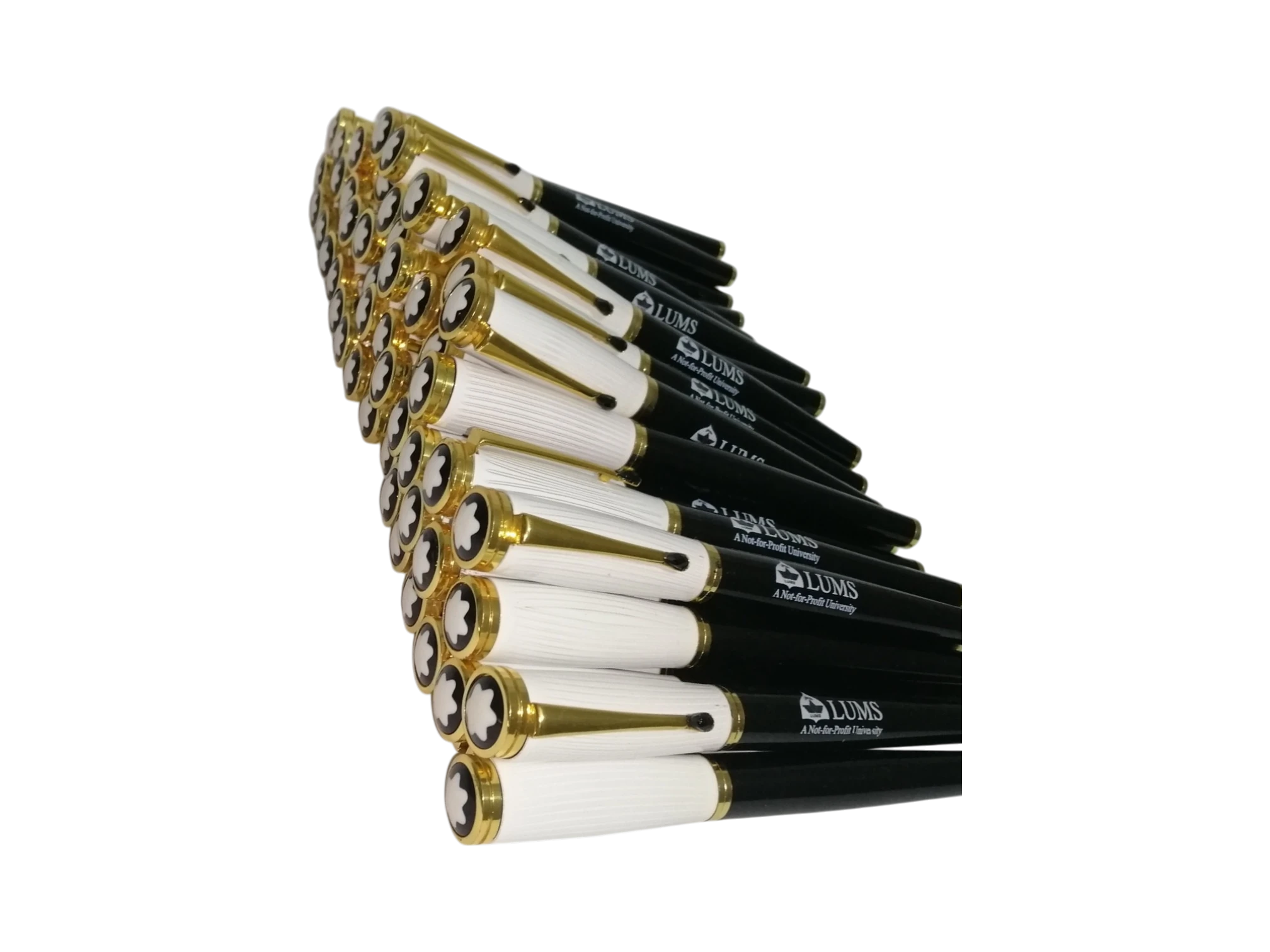 Bulk branded black and white pens with gold accents for corporate gifting