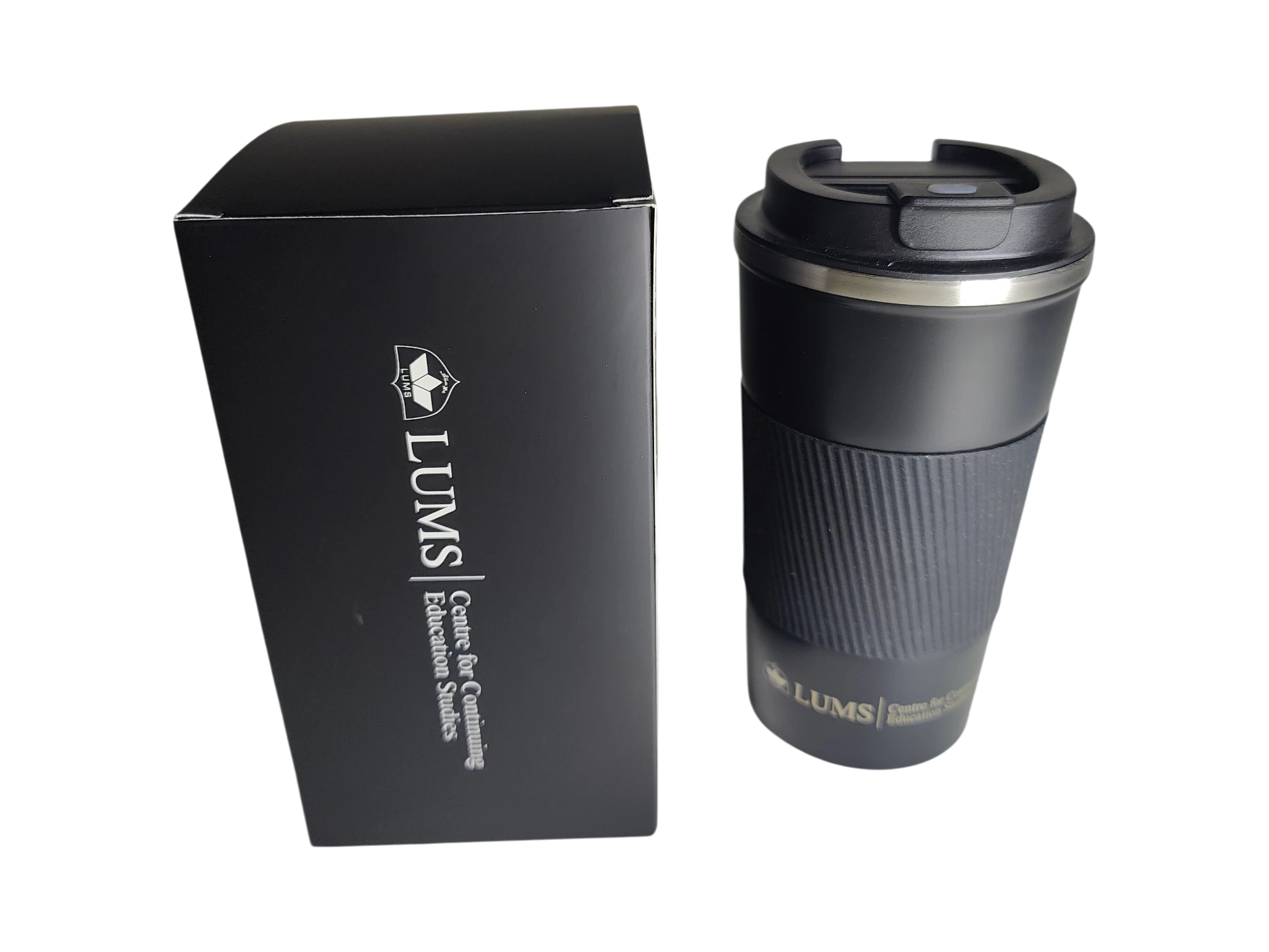 Branded corporate travel tumbler with grip sleeve and premium gift box