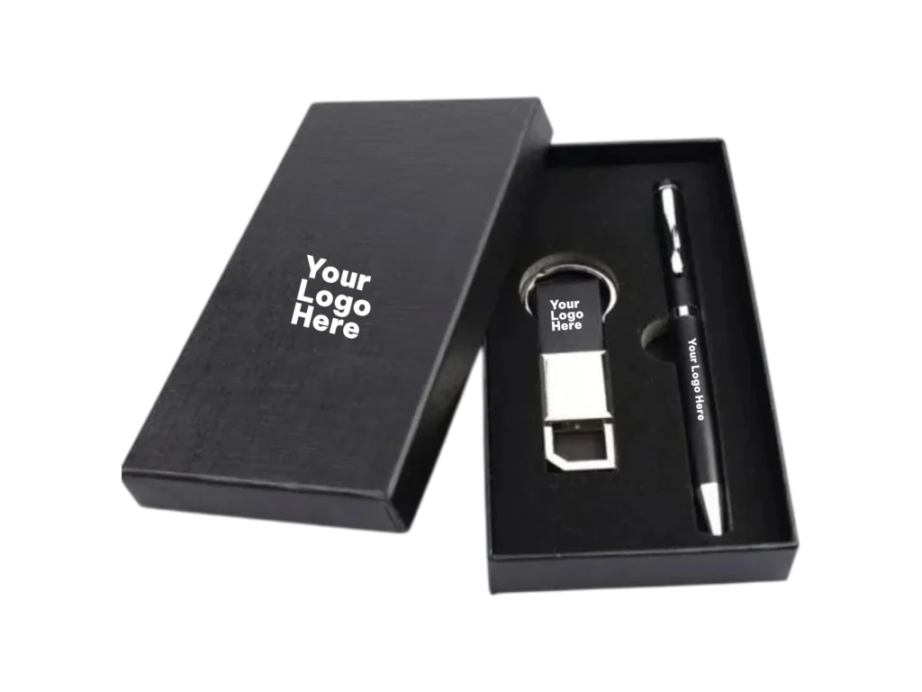 Black corporate gift set with pen and metal keychain in black textured box