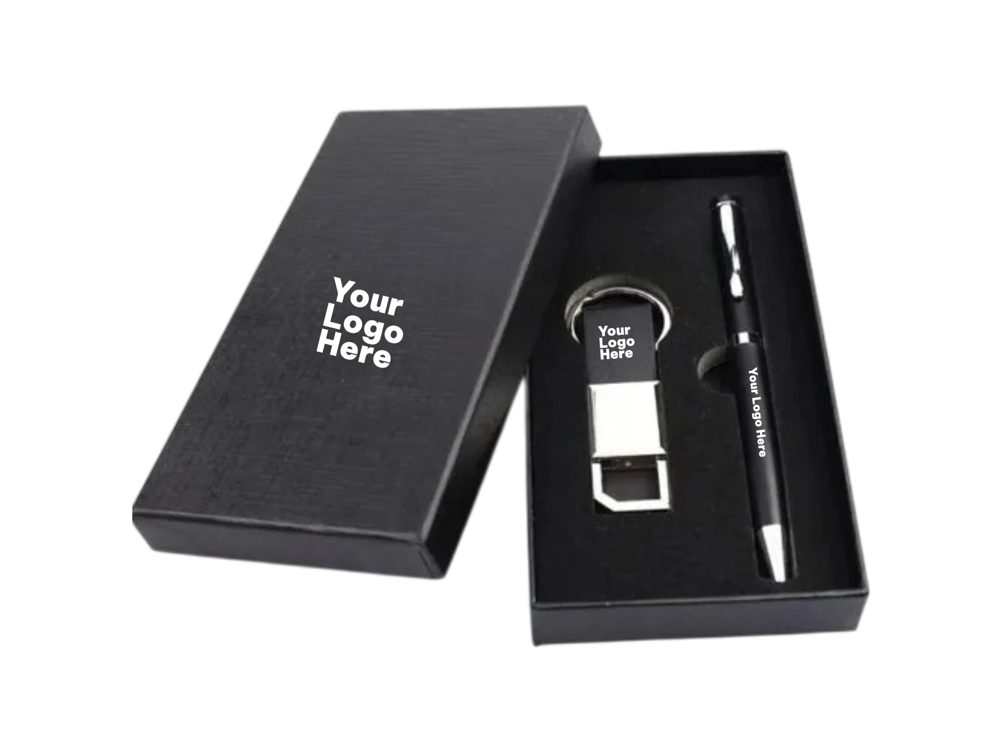 Black corporate gift set with pen and metal keychain in black textured box