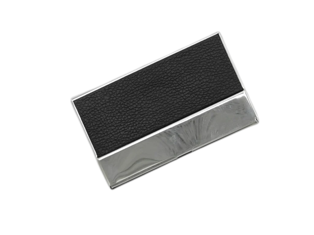 Executive black leather and chrome business card holder for corporate gifting