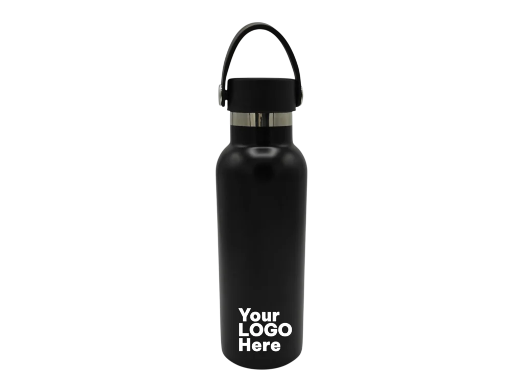 Custom branded black insulated water bottle with carry handle for corporate gifting