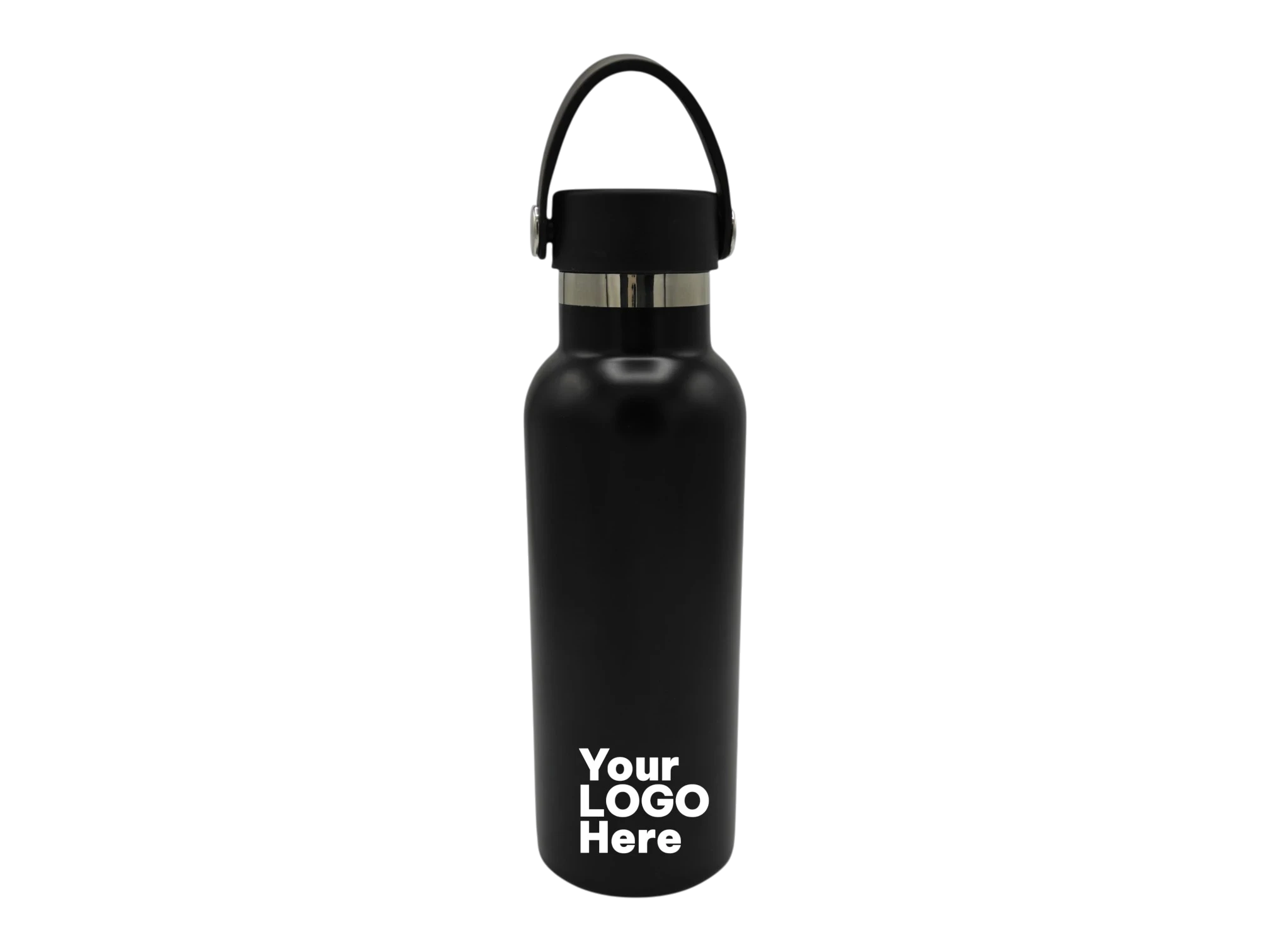 Custom branded black insulated water bottle with carry handle for corporate gifting