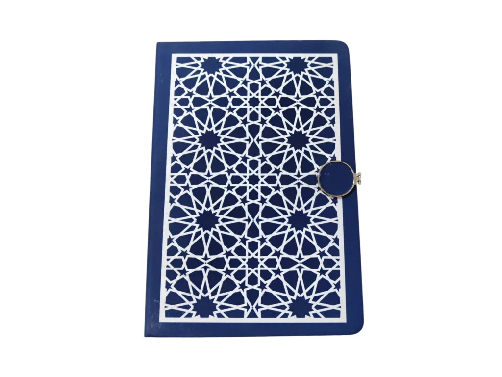 Custom blue and white Islamic geometric star pattern hardcover notebook with gold clasp for corporate gifting Pakistan