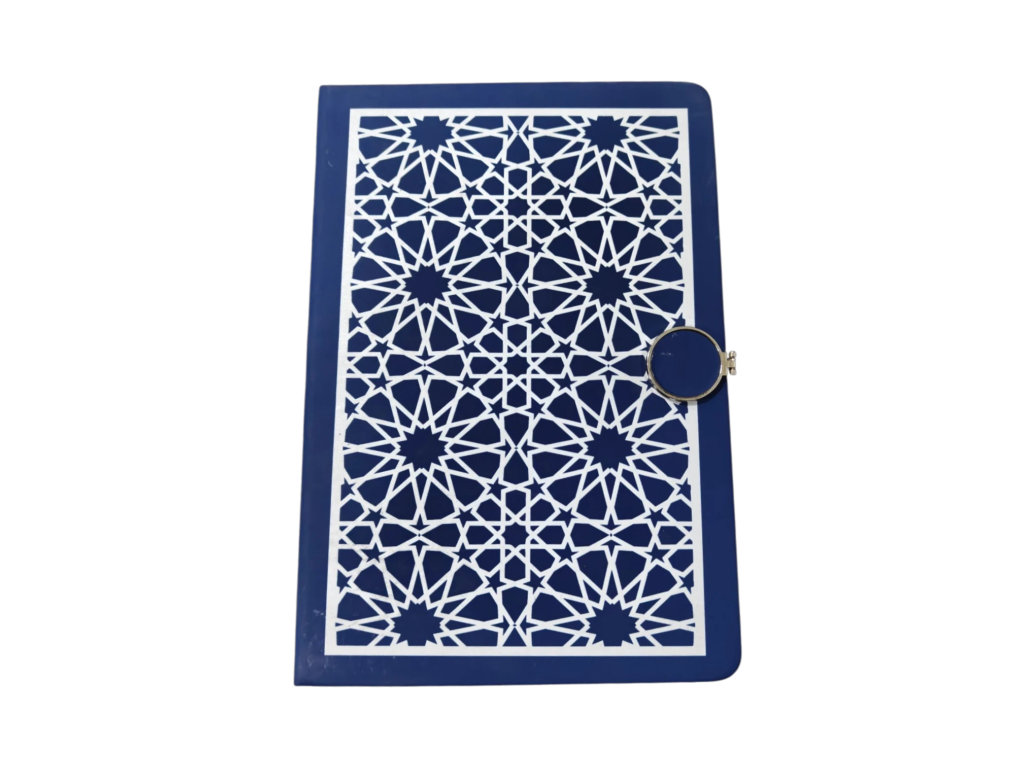 Custom blue and white Islamic geometric star pattern hardcover notebook with gold clasp for corporate gifting Pakistan