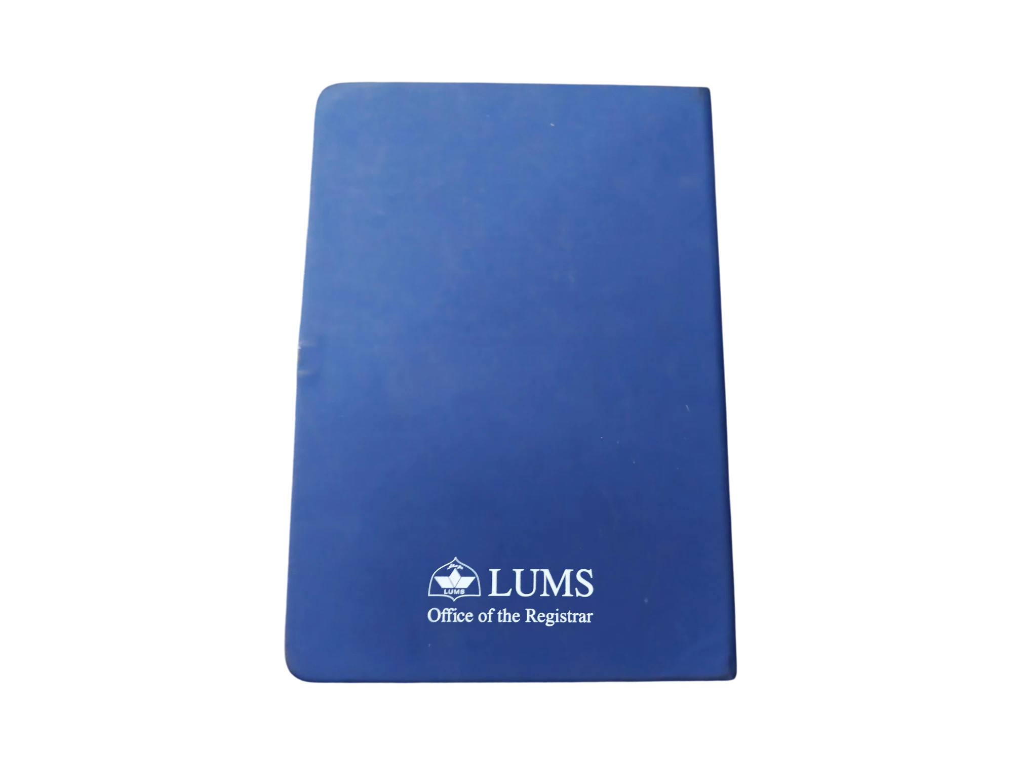 Royal blue LUMS Office of the Registrar branded hardcover notebook for institutional corporate gifting Pakistan