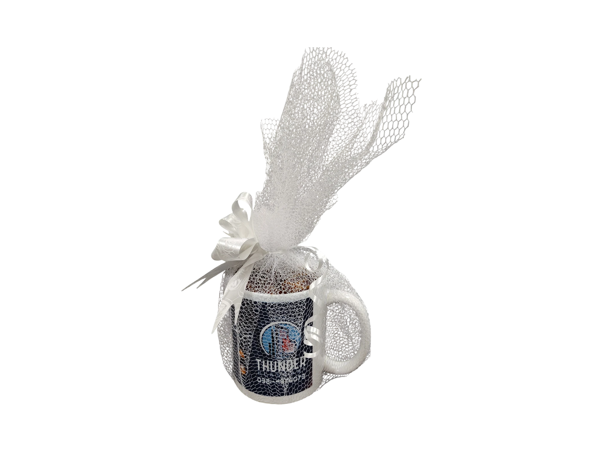 Branded corporate ceramic mug wrapped in white tulle as a ready gift