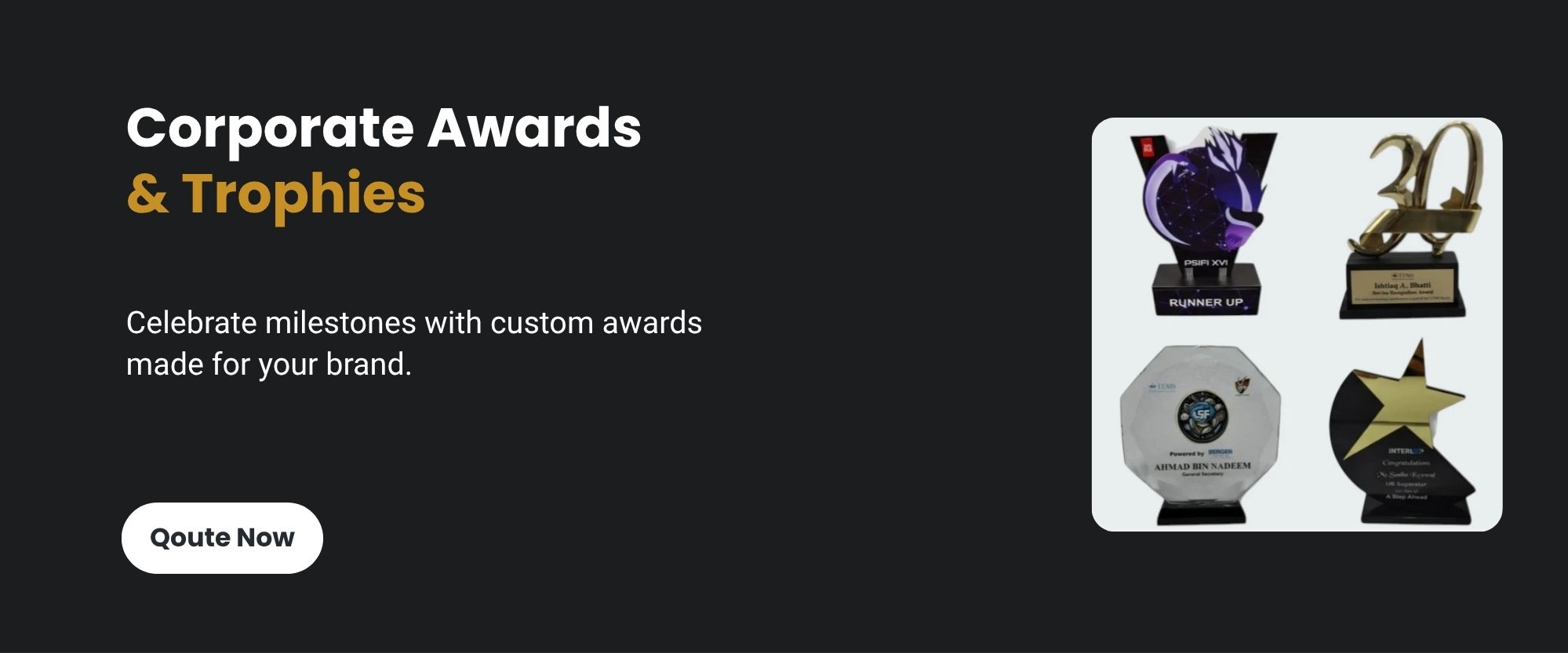 Hero image for corporate awards and trophies service featuring a star-shaped glass award and a professional black gift set.